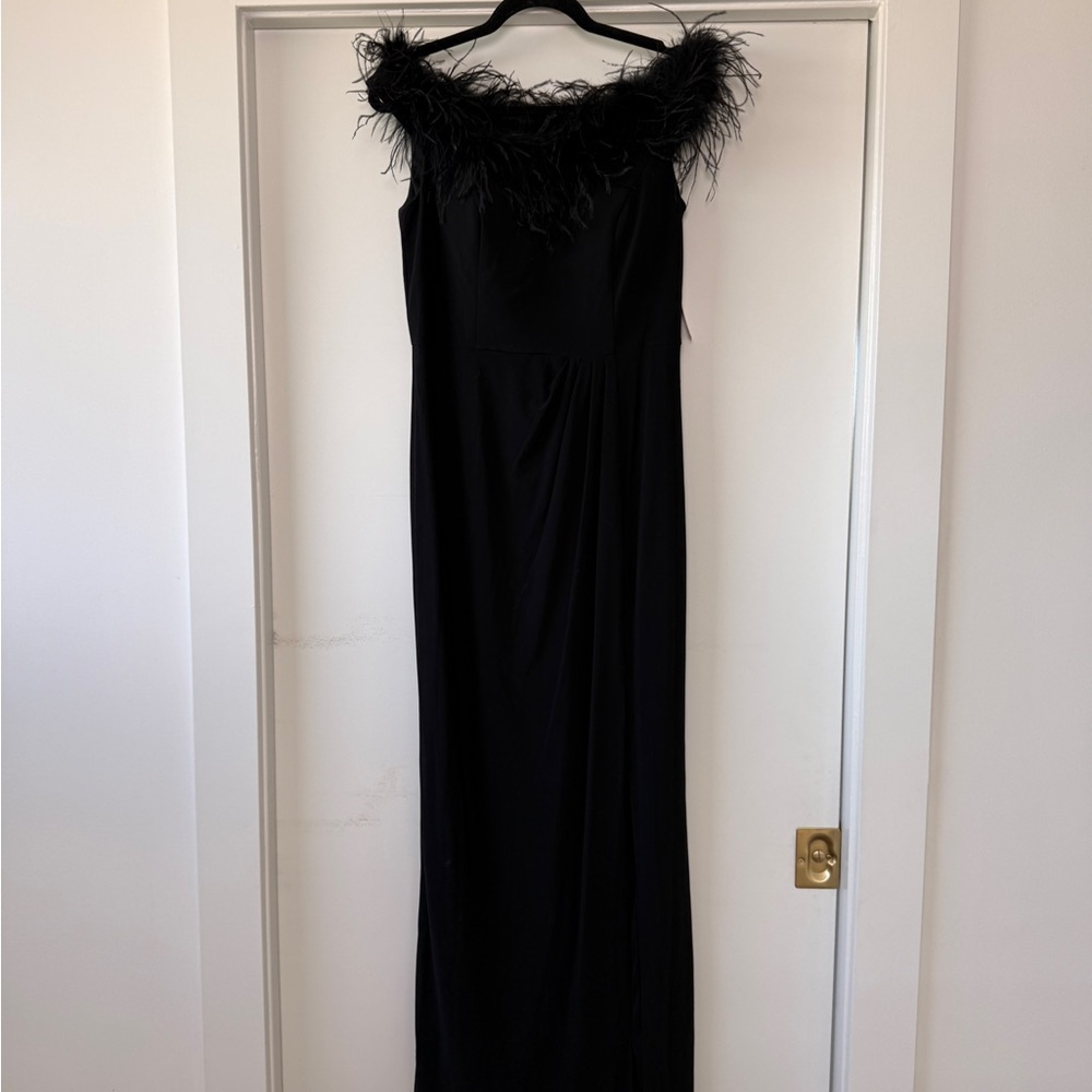Alex Evenings Black Strapless Gown with Feather Trim
